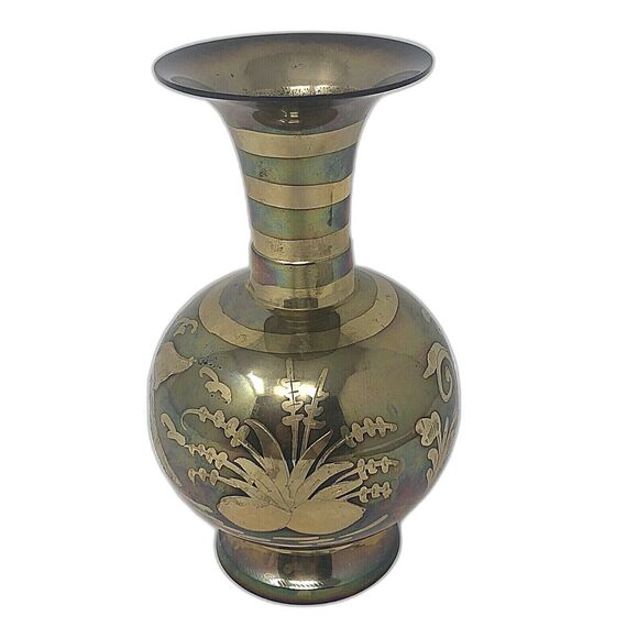 Brass Etched Bud Vase Two-Tone 70s Floral Bird Water Lily Bulb Design Inlay Boho - Picture 2 of 10